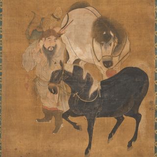 Followed by Han Gan (706 c.-783):The horseman with two horses. Hanging scroll painting on silk ground, colour painting, brocade mounting 15th century