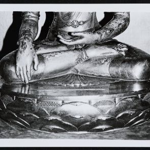 Lotus throne of the Akshobhya statue (created by Dzanabadzar) in the collection of the Museum of Fine Arts in Ulaanbaaatar - black and white photo