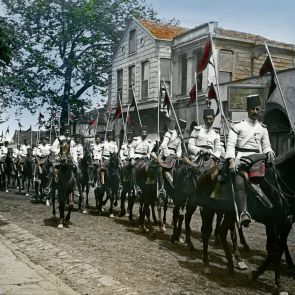 Constantinople. The sultan's mounted guards return after the customary Friday selamlik