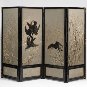 Four-panel folding screen with autumn landscape (embroidered) on recto and winter landscape (painted) on verso