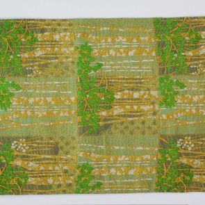 Japanese obi design sample with tree motifs in gold and green threads