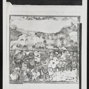 "Krishna föltartja a Govardhan hegyet" jelenetet ábrázoló falfestmény fekete-fehér fotója