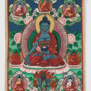 A Nyolc Gyógyító buddha, középen Bhaisadzsjaguru Buddhával