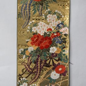 Japanese obi design sample with kuruma and flowers motifs (peony, chrysanthemum, sakura, etc.)