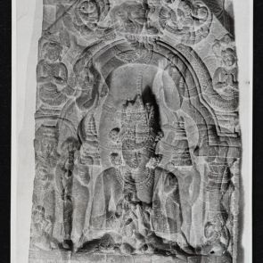 Two Indian reliefs enlarged on top of each other - black and white photo