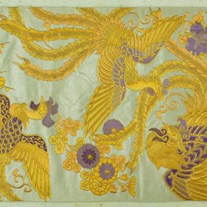 Japanese obi design sample with golden and lilac phoenixes and flowers (sakura, ume, chrysanthemum, momiji)