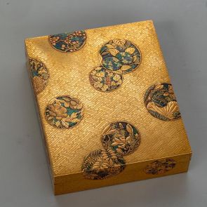 Rectangular box with flowers in medallions over svastika base pattern on the lid