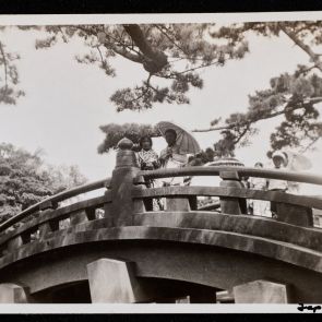 Seiko and Kimiko on the Dob Bridge, on their way to the Hachimangu Shrine