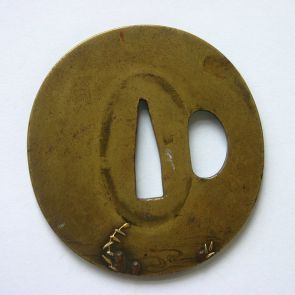 Tsuba with two slots, decorated with three birds in flight, a stream and sedges
