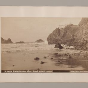 Photograph from a memorial scrapbook album from California: Instaneous View, Beach at Cliff House