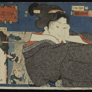 Fejét kezére hajtó nő − „Fáj a fejem.” A betétképen satsuma-kerámiák a „Hegyek, tengerek nevezetességei” című sorozatból