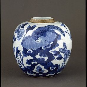 Jar decorated with a bird-and-flower image (originally with a lid)