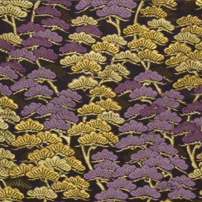 Japanese obi design sample with golden and lilac Japanese tree motif in front of black background