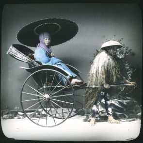 A woman in winter clothes and a rickshaw coolie
