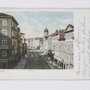 Szinell János üvegkereskedő képeslapja Hopp Ferencnek Abbáziából (feladva Fiuméban)