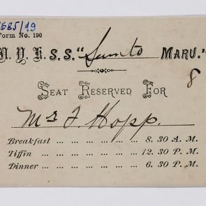Card with Ferenc Hopp's name to a reserved seat in the restaurant of the ship of Sunito Maru