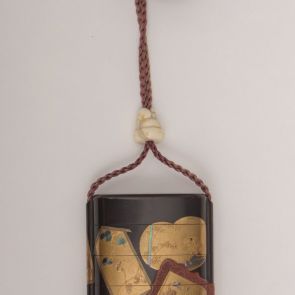 Inrō of four compartments decorated with a set of framed pictures each depicting a different scene or topic, with plastic ojime depicting a mouse sitting on rice cakes (mochi) and kagamibuta netsuke with props for a Noh play