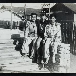 Street photographs: István Klein with two Korean bricklayer colleagues