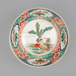 Rice bowl with the depiction of a man holding a giant raddish (daikon), and with colourful brocade pattern