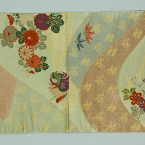 Japanese obi design sample with flowers and bamboo on slopes