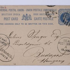 Ferenc Hopp's postcard sent from his first round the world trip to Gyula Singer, from Benares (Varanasi)