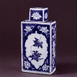 Covered flask with plum blossom decoration in a leaf-shaped panel