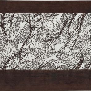 Katagami (textilfestő stencil) tűlevelek vagy csupasz fűzfaágak motívumával