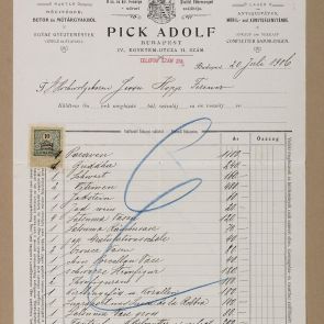 Pick Adolf régiségkereskedő számlája 32 darab japán, kínai, és drágakő tárgyról, valamint egy Kovács, egy Kaufmann és egy Lotz festmény cseréjéről