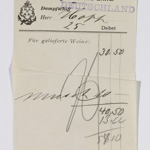 Drinks bill issued to Ferenc Hopp by Deutschland steamboat of the Hamburg-America Linie
