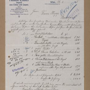 Invoice of the Viennese antiquarian Anton Exner Co., about oriental jade, turquoise and amber objects