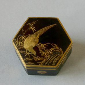 Hexagonal box with hinged lid decorated with pheasant by the water