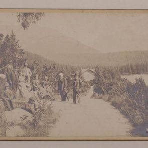 Hikers at Štrbské pleso (mountain lake)