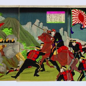 Szárazföldi csata Gazannál (Korea) a kínai-japán háborúban (triptichon)