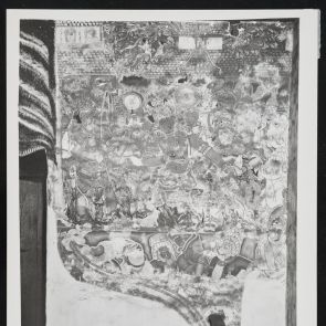 A Rámájana jelenetét ábrázoló falfestmény fekete-fehér fotója