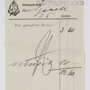 Drinks bill issued to János Szinell by Deutschland steamboat of the Hamburg-America Linie