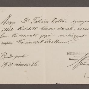 Receipt of János Neumann about three artifacts for exchange from Zoltán Felvinczi Takács