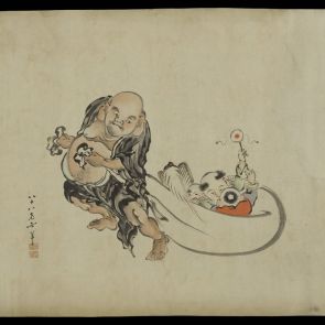 Hotei, the Lucky God is Carrying Children atop his Sack