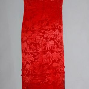 Women’s red evening dress (in chinese: qipao), made from patterned fabric