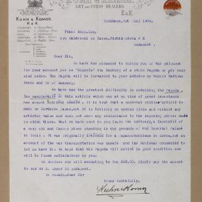 Kuhn és Komor műkereskedő cég levele Hopp Ferencnek a kőpagodáról, amelynek mása a tokiói császári palotában található