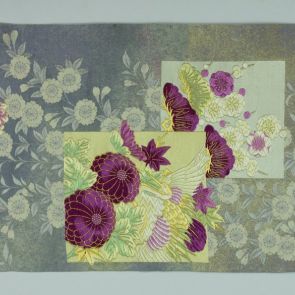 Japanese obi design sample with white, beige and lilac bird, flowers and leaves (chrysanthemum, momiji, ume)