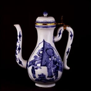 Covered ewer with metal mount; decorated with two leaf-shaped panels: a scholar with his servant and ladies