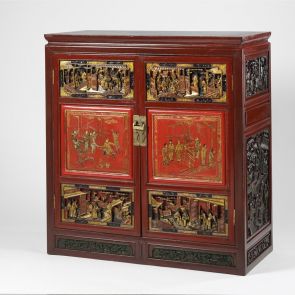 Twin-doored cabinet with carved, lacquered and painted inlays