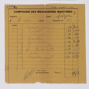 Compagnie des Messageries Maritimes Saigonba közlekedő hajójának mosodai számlája Hopp Ferenc részére