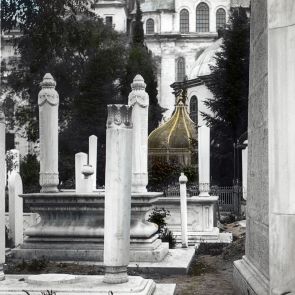 Constantinople. Graves in the cemetery of Fatih (Mehmed the Conqueror) Mosque, with the mosque in the background