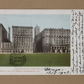 Ferenc Hopp's postcard sent to Calderoni and Co. from Chicago