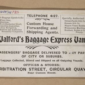 Promotional card in English: Walford's Baggage Express Vans
