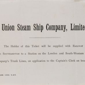 A Union Steam Ship Company által biztosított kiegészítő vasúti jegy a Southampton−London közötti útra