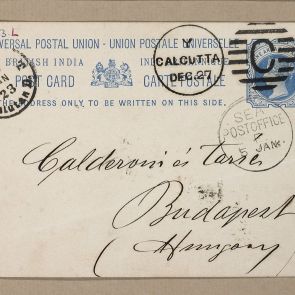 Ferenc Hopp's postcard sent from his first round the world trip to Calderoni and Co., from the board of passenger steamer Chanda in the Bay of Bengal