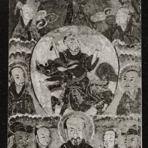 Black and white photo of a paper painting depicting the cult of the ancestors