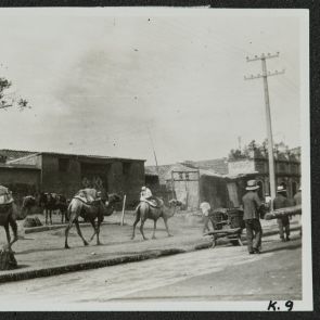 Útban Palichuang felé, málhás tevék egy utcán, alacsony házak előtt